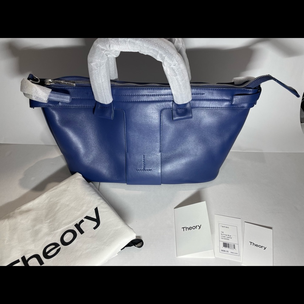 NWT Theory T Bar Bag ~ Summer Blue ~ Linden Leather H01AC004 $695 zip closure